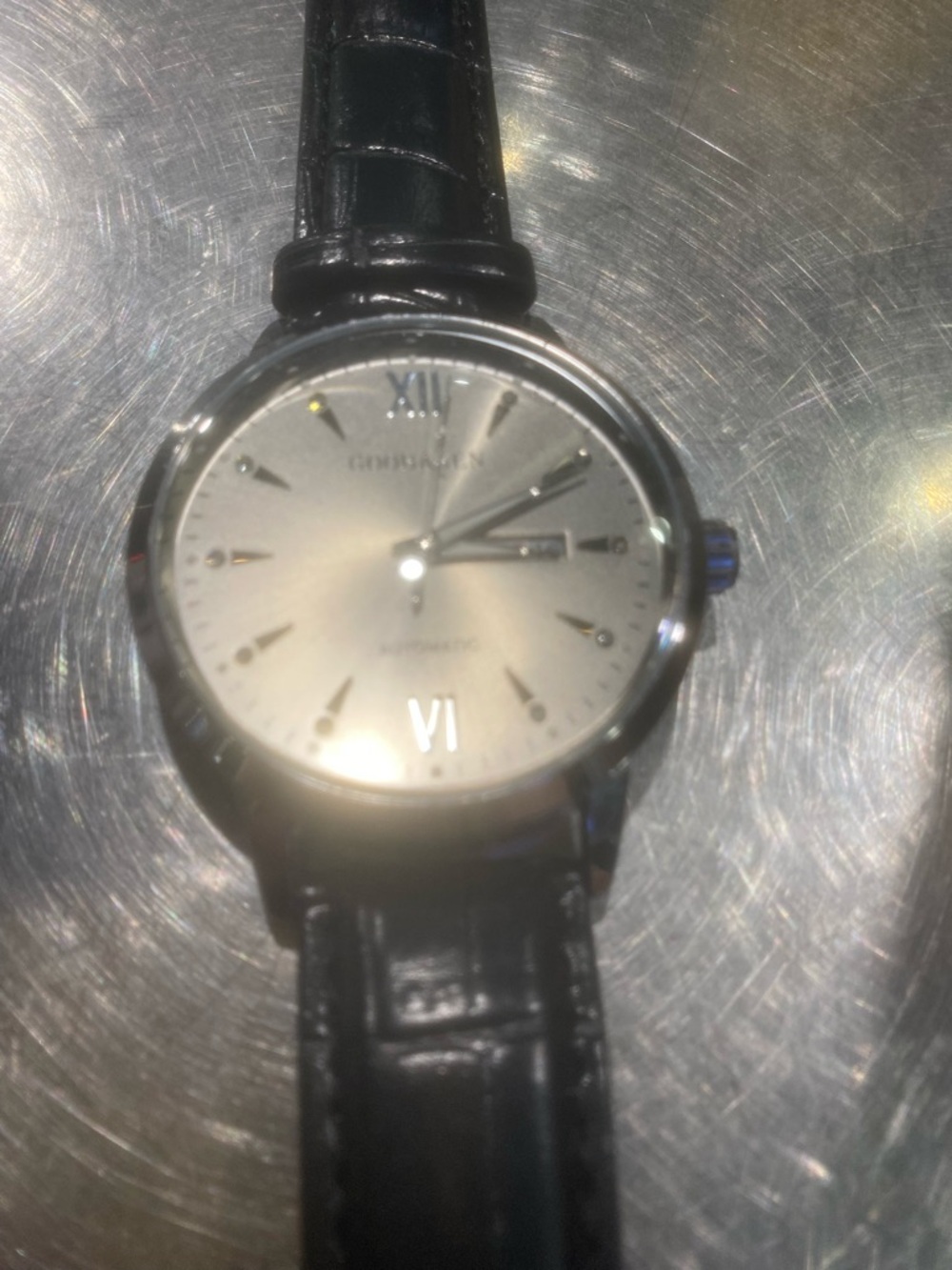 New Classic Men’s Automatic CorbasanSilver Dial Watch with Black Leather Strap